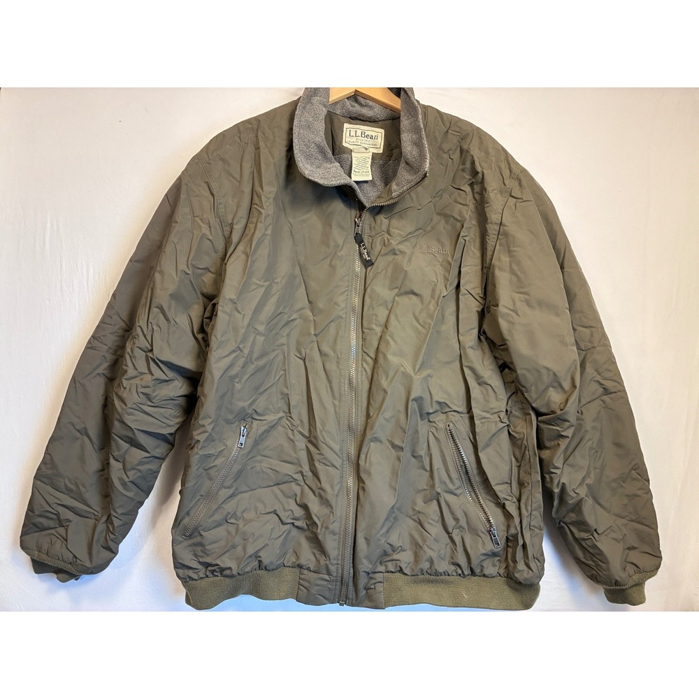 L.L.Bean Mens Fleece Lined Bomber Jacket Olive Nylon 2XL Tall Full Zip 205108